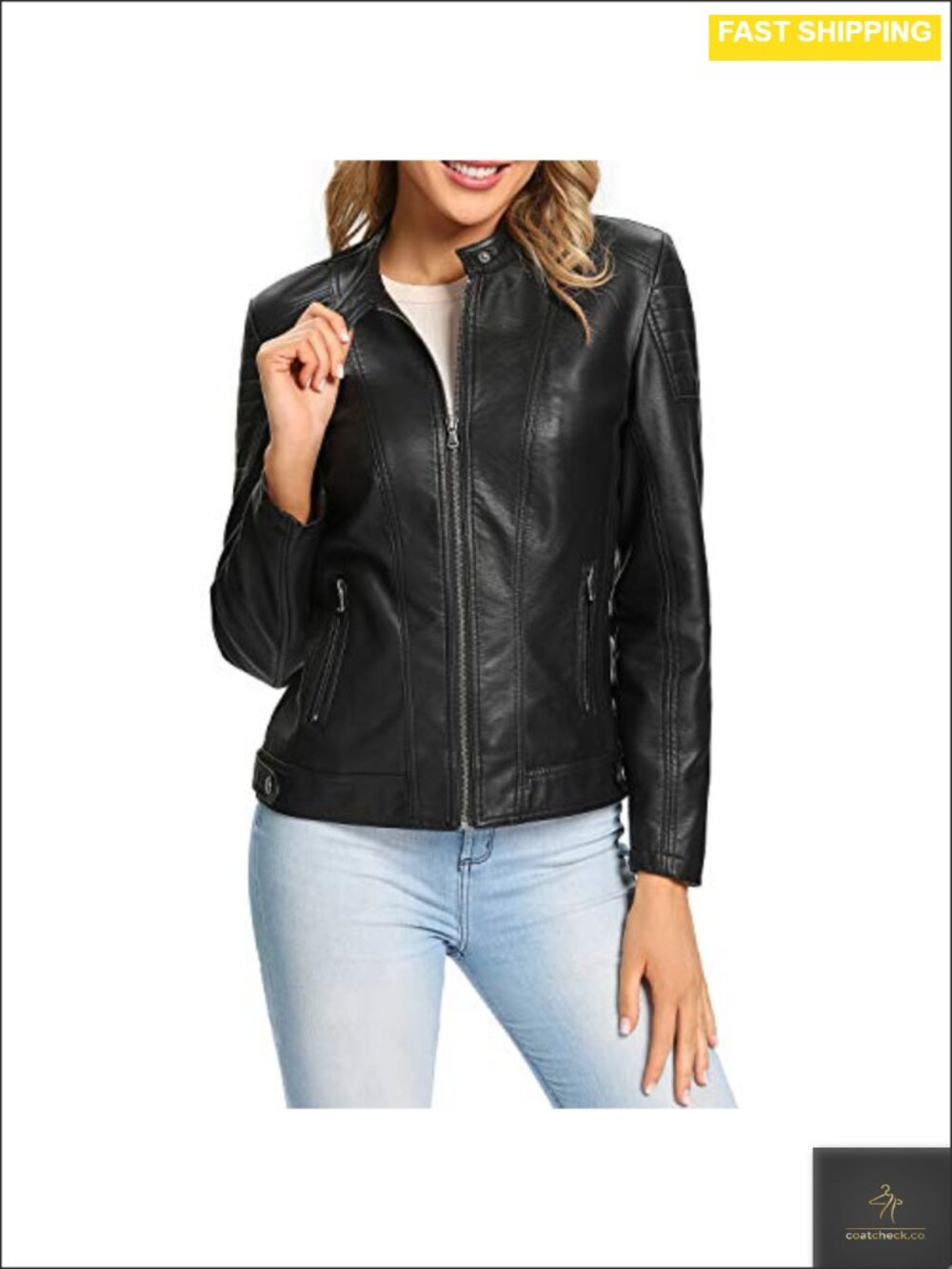 Faux Leather Moto Biker Jacket Quilted Zip Up Women Outwear